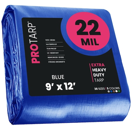 Protarp Heavy Duty Tarp, 9 ft x 12 ft, 22 Mil, Blue, Polyethylene, Waterproof, Rip and Tear Proof PT-205-9X12